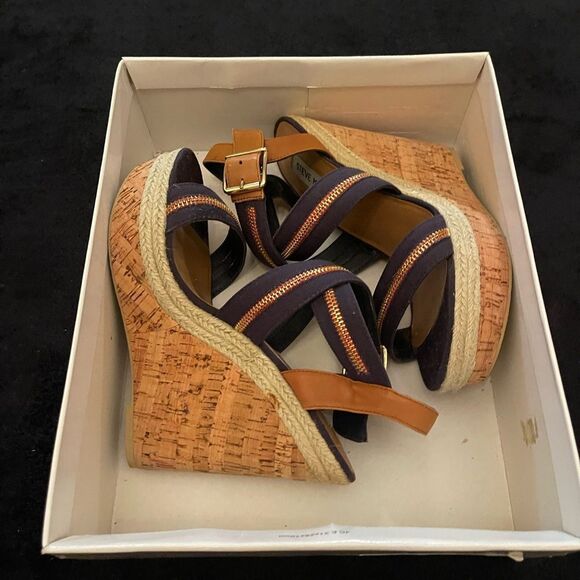 Steve Madden Daybreak blue multi espadrilles strappy high wedges cork, size 8 - Picture 7 of 10